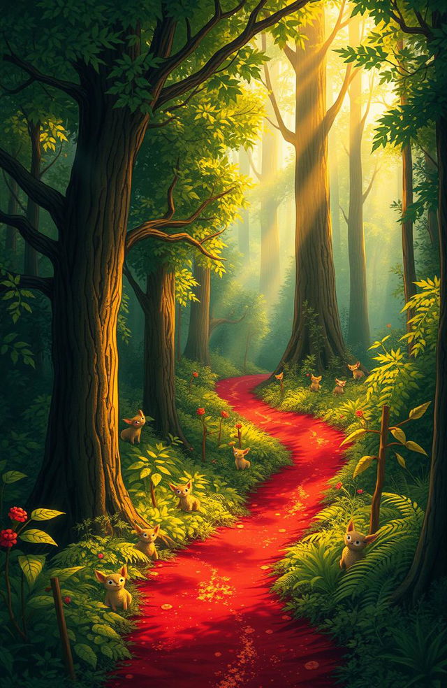 A captivating illustration featuring a mystical red trail winding through a dense, enchanted forest