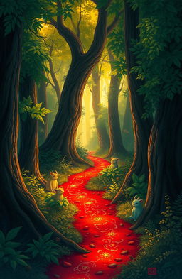 A captivating illustration featuring a mystical red trail winding through a dense, enchanted forest