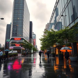 A beautiful rainy day scene, featuring a cityscape with sleek modern buildings and soft reflections on the wet pavement