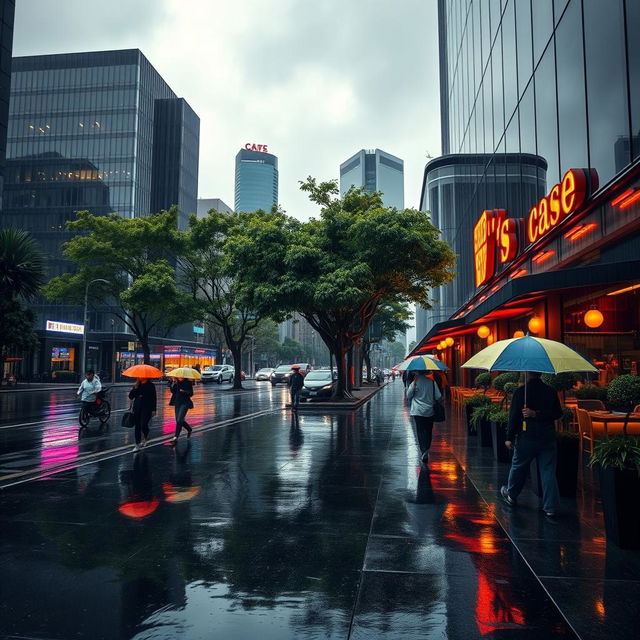 A beautiful rainy day scene, featuring a cityscape with sleek modern buildings and soft reflections on the wet pavement