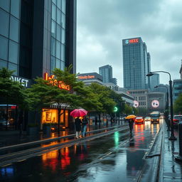 A beautiful rainy day scene, featuring a cityscape with sleek modern buildings and soft reflections on the wet pavement