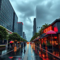 A beautiful rainy day scene, featuring a cityscape with sleek modern buildings and soft reflections on the wet pavement