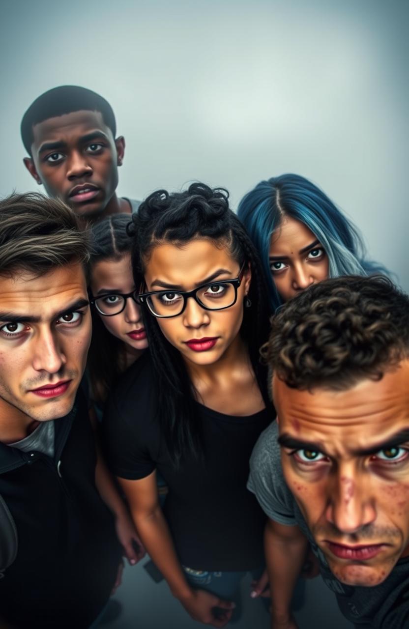 Five college students looking angrily at the camera: one tall black male with blue eyes and a nose piercing, a short white female with curly black hair, hazel eyes, and glasses, a Polynesian female with long straight blue hair, green eyes, and a goth style, a white male with short curly black and white hair and brown eyes, and a Hispanic male with a buzz cut and a scar on his face, all positioned in the center of the image, surrounded by a foggy background that creates a moody setting