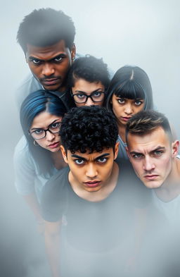 Five college students looking angrily at the camera: one tall black male with blue eyes and a nose piercing, a short white female with curly black hair, hazel eyes, and glasses, a Polynesian female with long straight blue hair, green eyes, and a goth style, a white male with short curly black and white hair and brown eyes, and a Hispanic male with a buzz cut and a scar on his face, all positioned in the center of the image, surrounded by a foggy background that creates a moody setting