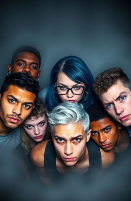 Five college students looking angrily at the camera: one tall black male with blue eyes and a nose piercing, a short white female with curly black hair, hazel eyes, and glasses, a Polynesian female with long straight blue hair, green eyes, and a goth style, a white male with short curly black and white hair and brown eyes, and a Hispanic male with a buzz cut and a scar on his face, all positioned in the center of the image, surrounded by a foggy background that creates a moody setting