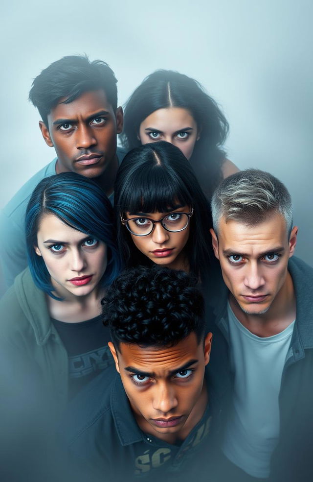 Five college students looking angrily at the camera: one tall black male with blue eyes and a nose piercing, a short white female with curly black hair, hazel eyes, and glasses, a Polynesian female with long straight blue hair, green eyes, and a goth style, a white male with short curly black and white hair and brown eyes, and a Hispanic male with a buzz cut and a scar on his face, all positioned in the center of the image, surrounded by a foggy background that creates a moody setting