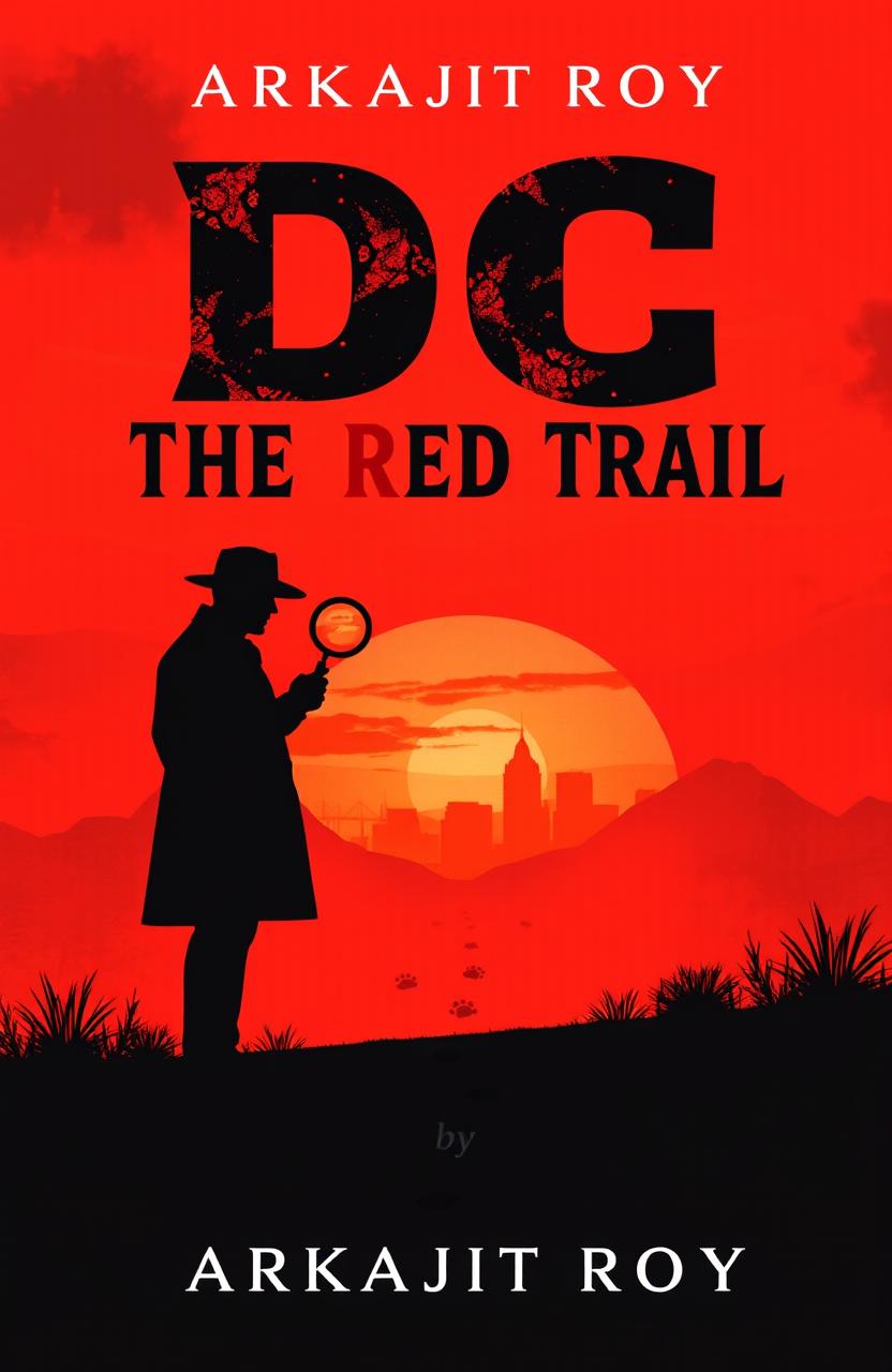 An engaging book cover for 'DC The Red Trail' written by Arkajit Roy, featuring a vibrant sunset background with dramatic red hues