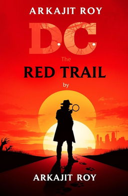 An engaging book cover for 'DC The Red Trail' written by Arkajit Roy, featuring a vibrant sunset background with dramatic red hues