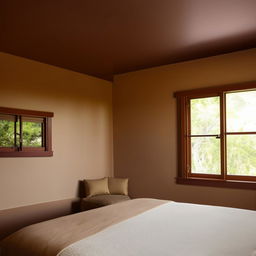 A spacious room featuring a king-size bed with a chocolate-brown headboard and cream bedding. The room is adorned with light brown painted walls and has sliding windows in front. Space is available on either side of the bed, leading to cupboards.