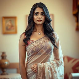 A beautiful Indian woman wearing a transparent saree that elegantly drapes around her figure, showcasing intricate patterns and delicate embellishments