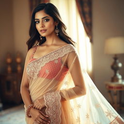 A beautiful Indian woman wearing a transparent saree that elegantly drapes around her figure, showcasing intricate patterns and delicate embellishments
