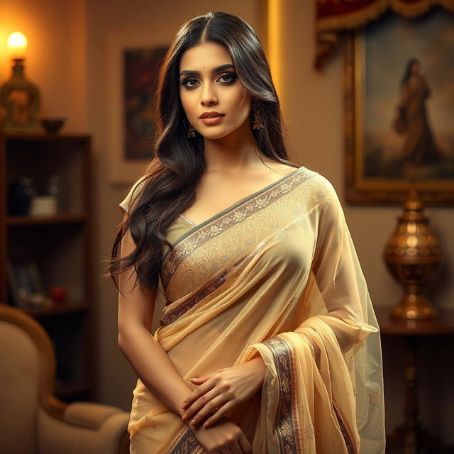 A beautiful Indian woman wearing a transparent saree that elegantly drapes around her figure, showcasing intricate patterns and delicate embellishments