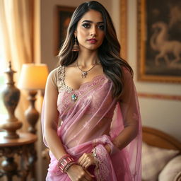 A beautiful Indian woman wearing a transparent saree that elegantly drapes around her figure, showcasing intricate patterns and delicate embellishments