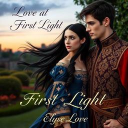 A captivating book cover set in the 16th century, featuring an upper class 17-year-old girl with long, flowing black hair, dressed in a beautiful midnight blue gown adorned with intricate gold patterns
