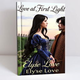 A captivating book cover set in the 16th century, featuring an upper class 17-year-old girl with long, flowing black hair, dressed in a beautiful midnight blue gown adorned with intricate gold patterns