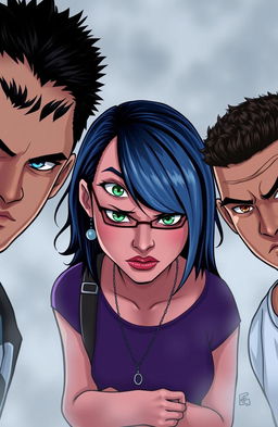 Five college students looking angry, prominently displayed in the center of the frame