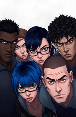Five college students looking angry, prominently displayed in the center of the frame