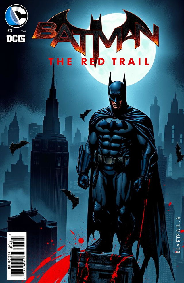 An intense and dark comic book cover featuring a gritty illustration of Batman in a moody Gotham City