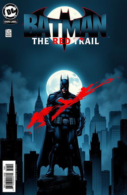 An intense and dark comic book cover featuring a gritty illustration of Batman in a moody Gotham City