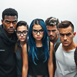 Five college students looking angry, prominently displayed in the center of the frame