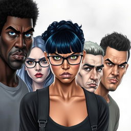 Five college students looking angry, prominently displayed in the center of the frame