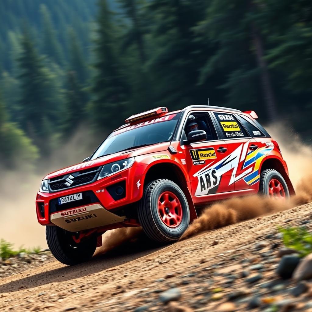 A vibrant red, WRC-inspired four-door Suzuki Grand Vitara rally car, featuring a dynamic and aggressive racing design with bold racing stripes, sponsor logos, and rally numbers prominently displayed