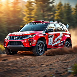 A vibrant red, WRC-inspired four-door Suzuki Grand Vitara rally car, featuring a dynamic and aggressive racing design with bold racing stripes, sponsor logos, and rally numbers prominently displayed