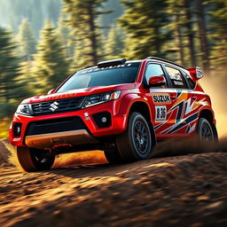 A vibrant red, WRC-inspired four-door Suzuki Grand Vitara rally car, featuring a dynamic and aggressive racing design with bold racing stripes, sponsor logos, and rally numbers prominently displayed