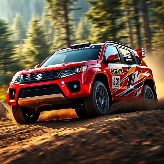 A vibrant red, WRC-inspired four-door Suzuki Grand Vitara rally car, featuring a dynamic and aggressive racing design with bold racing stripes, sponsor logos, and rally numbers prominently displayed