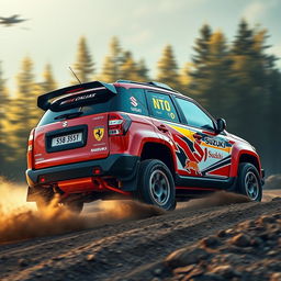 A vibrant red, WRC-inspired four-door Suzuki Grand Vitara rally car, featuring a dynamic and aggressive racing design with bold racing stripes, sponsor logos, and rally numbers prominently displayed