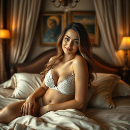 A woman elegantly posed on a luxurious bed, wearing delicate lace lingerie