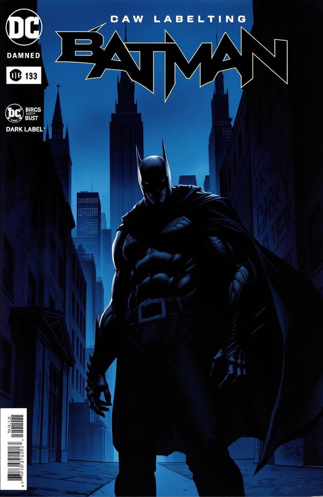 A dark and moody comic book cover featuring a brooding figure resembling a vigilante in a gothic, urban setting