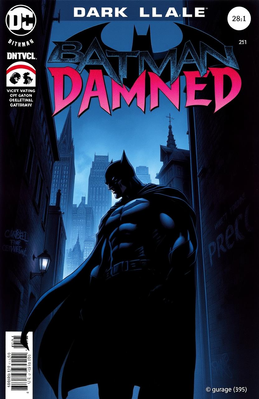 A dark and moody comic book cover featuring a brooding figure resembling a vigilante in a gothic, urban setting