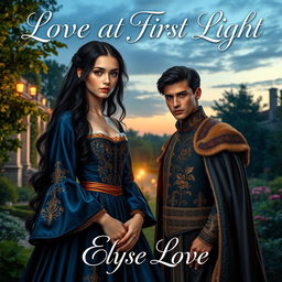 An alluring book cover set in the 16th century, featuring a stubborn yet captivating 17-year-old upper class girl with long, flowing black hair, dressed in a luxurious midnight blue gown embellished with intricate gold patterns