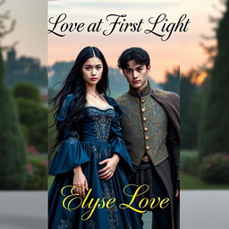 An alluring book cover set in the 16th century, featuring a stubborn yet captivating 17-year-old upper class girl with long, flowing black hair, dressed in a luxurious midnight blue gown embellished with intricate gold patterns