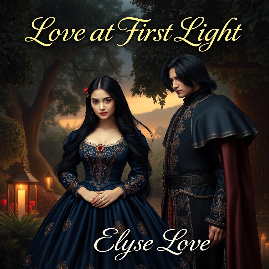 An alluring book cover set in the 16th century, featuring a stubborn yet captivating 17-year-old upper class girl with long, flowing black hair, dressed in a luxurious midnight blue gown embellished with intricate gold patterns