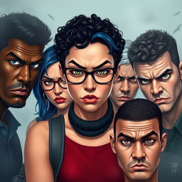 Five college students appearing visibly angry, centrally positioned in the image
