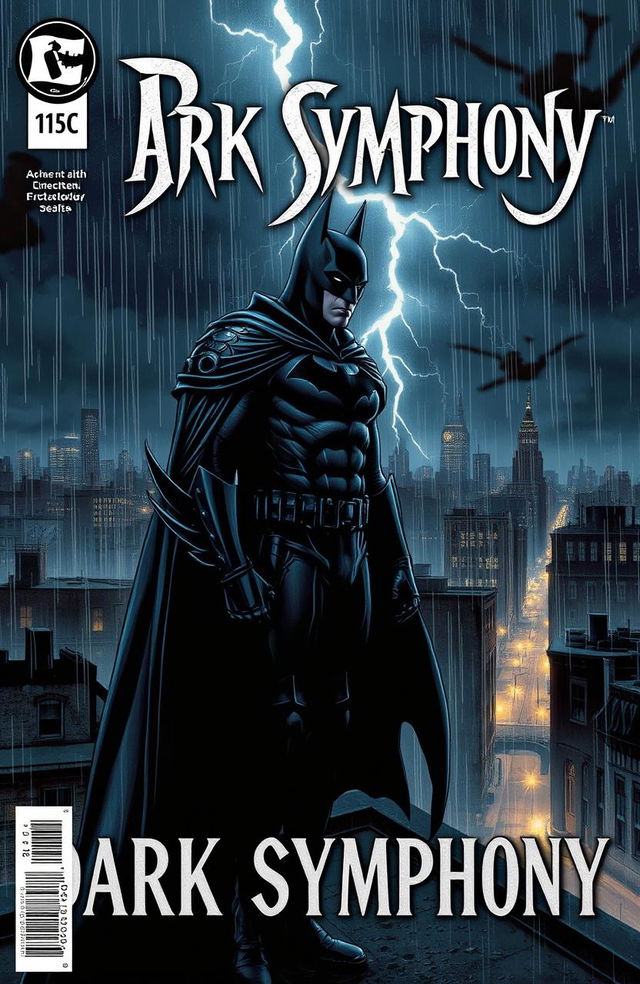 A dark and dramatic comic book cover featuring a gothic superhero reminiscent of Batman, set in a moody, urban environment