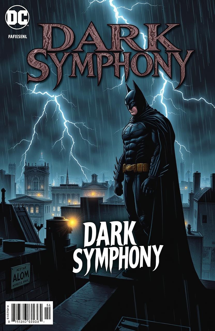 A dark and dramatic comic book cover featuring a gothic superhero reminiscent of Batman, set in a moody, urban environment