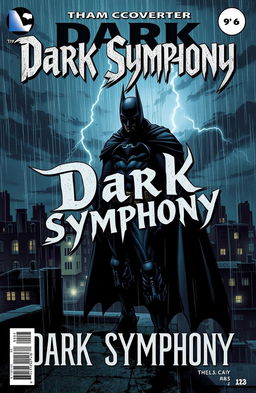 A dark and dramatic comic book cover featuring a gothic superhero reminiscent of Batman, set in a moody, urban environment