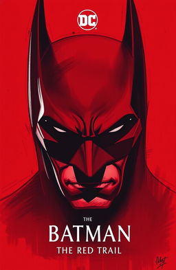 A striking red poster featuring the iconic face of Batman, designed in a hand-drawn, painted style