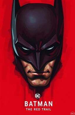 A striking red poster featuring the iconic face of Batman, designed in a hand-drawn, painted style