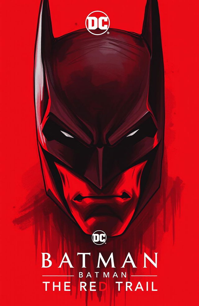 A striking red poster featuring the iconic face of Batman, designed in a hand-drawn, painted style