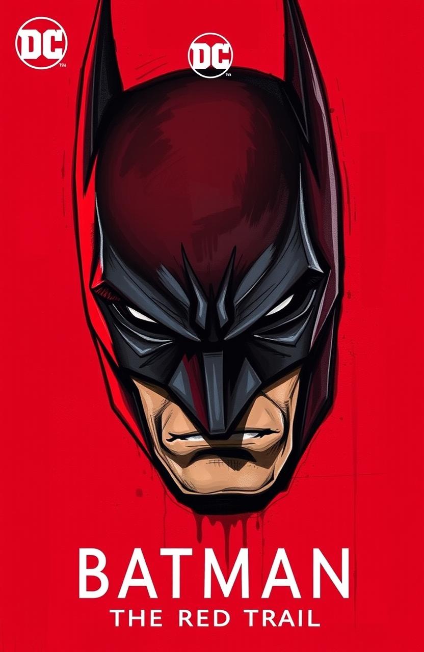 A striking red poster featuring the iconic face of Batman, designed in a hand-drawn, painted style