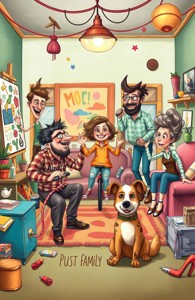 A whimsical and chaotic family scene illustrating a quirky family that is mad about adventure and creativity