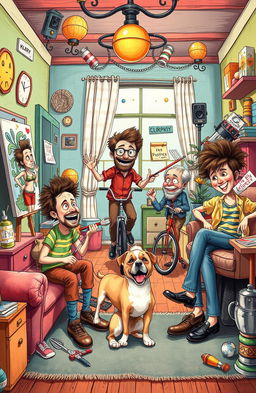 A whimsical and chaotic family scene illustrating a quirky family that is mad about adventure and creativity