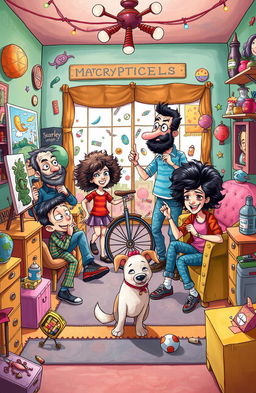 A whimsical and chaotic family scene illustrating a quirky family that is mad about adventure and creativity