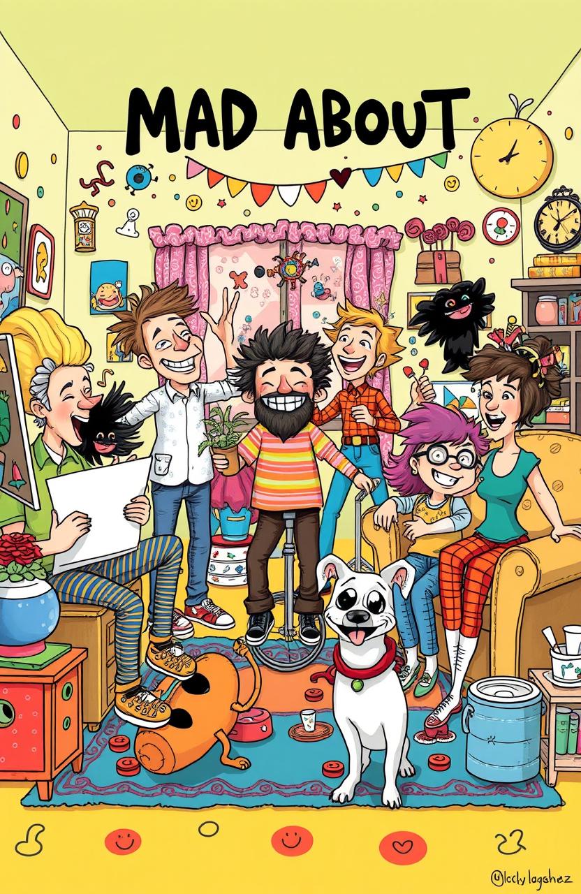 A whimsical and chaotic family scene illustrating a quirky family that is mad about adventure and creativity