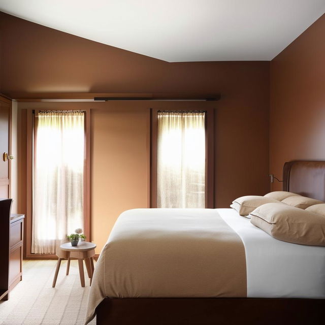 A spacious room featuring a king-size bed with a chocolate-brown headboard and cream bedding. The room is adorned with light brown painted walls and has sliding windows in front. Space is available on either side of the bed, leading to cupboards.