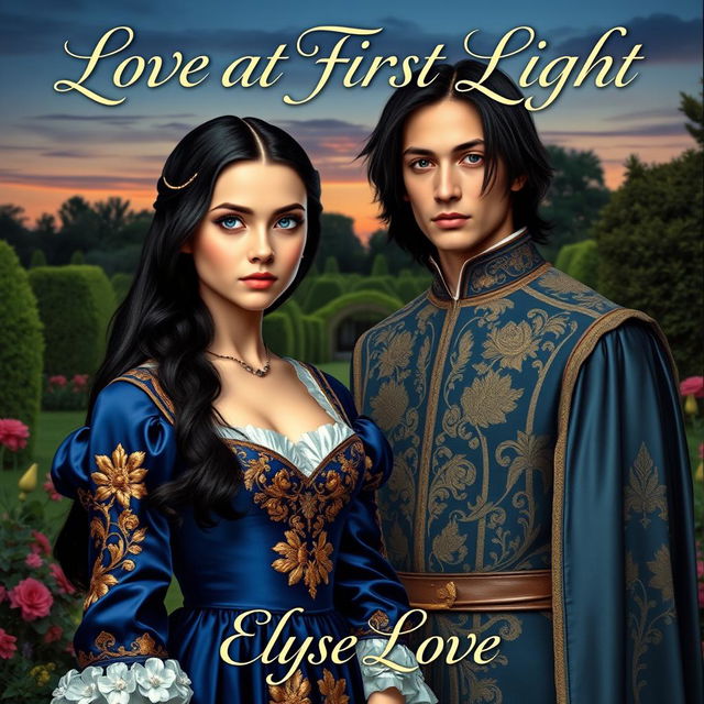 An exquisite book cover set in the 16th century, featuring a stubborn yet captivating 17-year-old upper class girl with long black hair and striking blue eyes